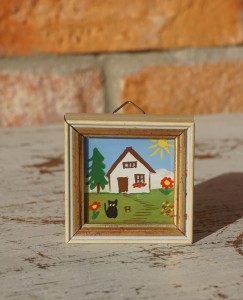 Obrazek artystyczny domek i kot miniatura vintage