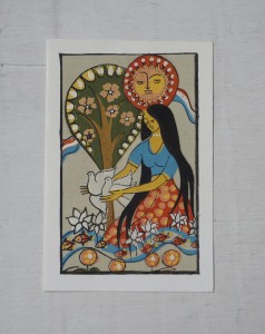 Karta pocztowa batik dziewczyna z gołębiami