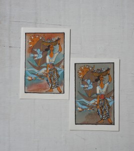 Karta pocztowa batik kobieta z koszem ryb